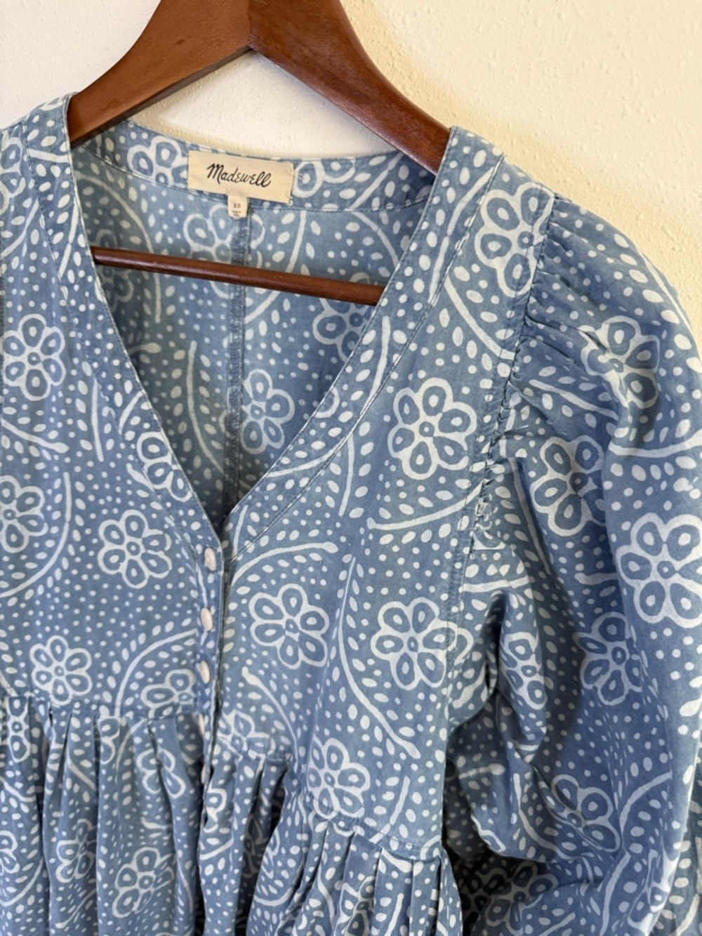Madewell Blue Floral Empire Waist Mini Dress Puff Sleeve XS - Picture 9 of 10